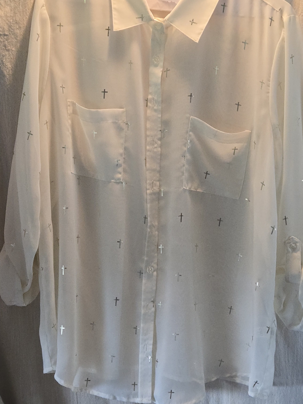 Cato White Sheer Button-Down Shirt with Metallic Cross Accents